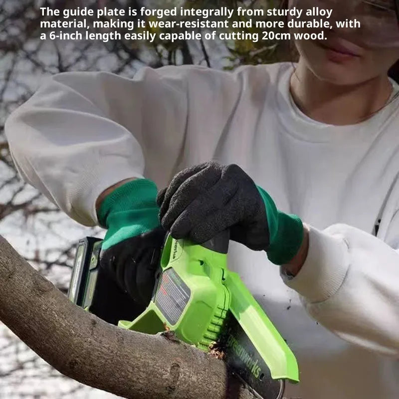 6-inch cordless electric chainsaw with 24V lithium battery, two batteries and a charger