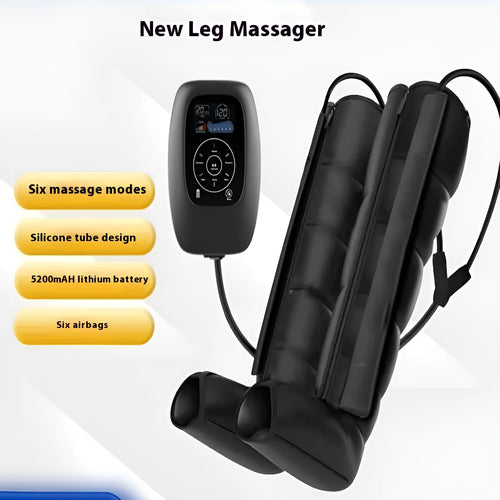 Air compression massager set with remote control, leg units in three sizes, and arm and waist units.