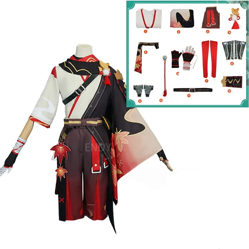 Halloween cosplay costume set with wig, coat, shorts, leggings, gloves, and accessories in cotton-polyester blend.