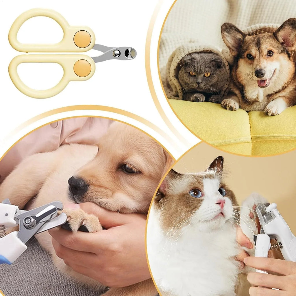 Pet nail clippers with round hole design, stainless steel blades, and ergonomic handles. Available in green or yellow.