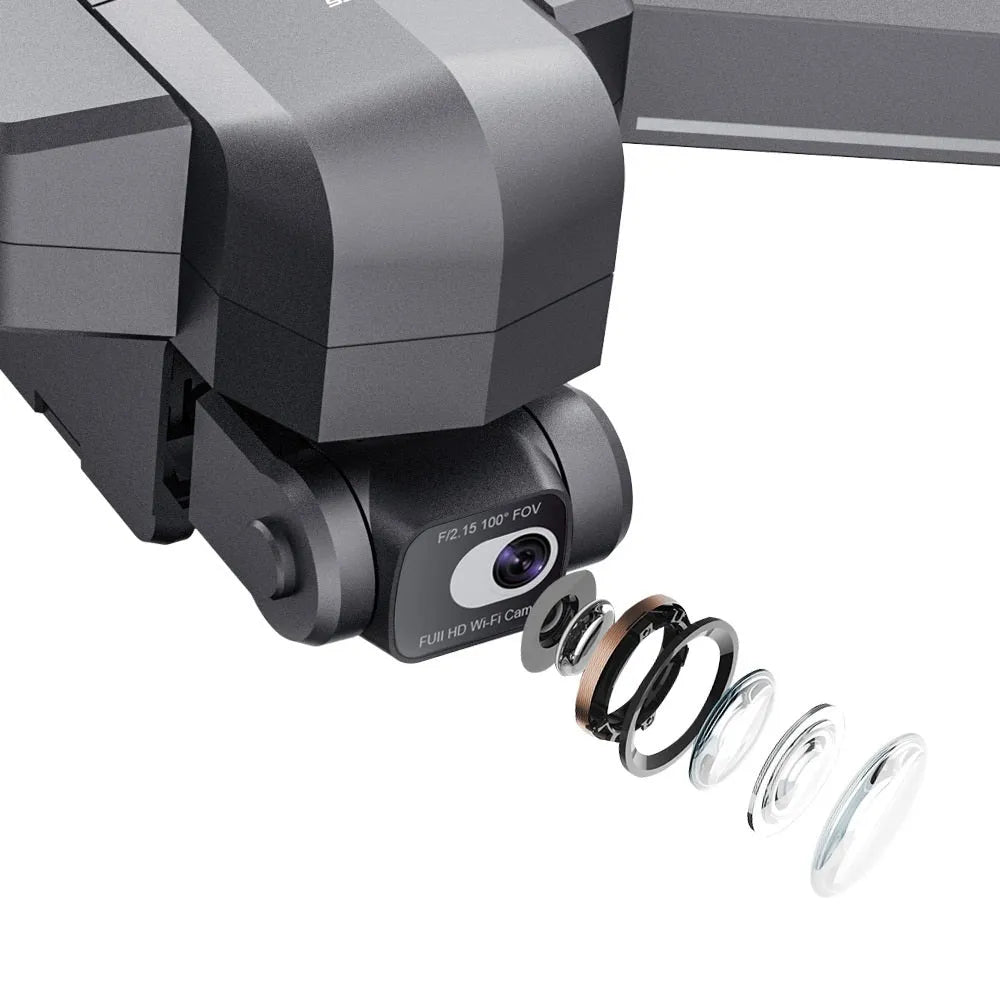 Black plastic drone with 4K three-axis anti-shake gimbal, GPS return, 3 km range, 30-50 cm size
