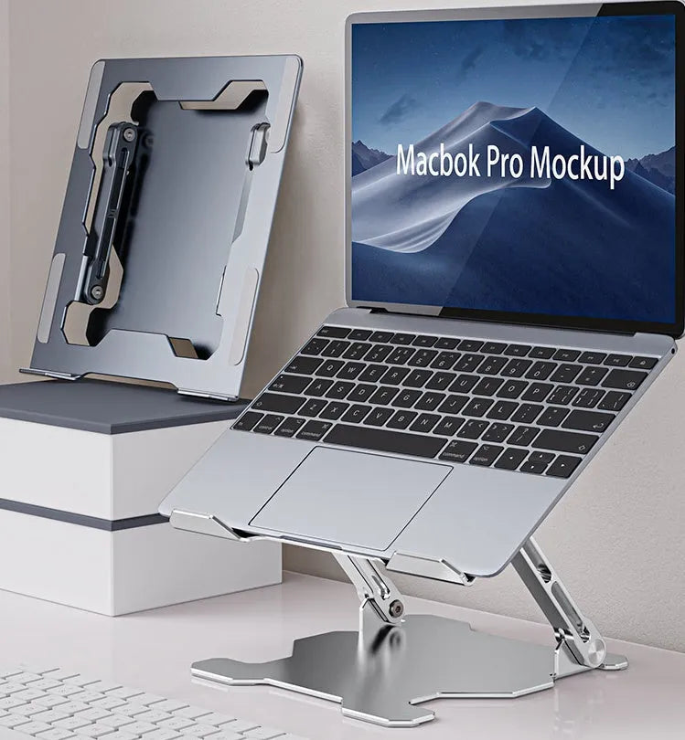 Grey adjustable aluminium laptop stand in folded and open positions on a desk.