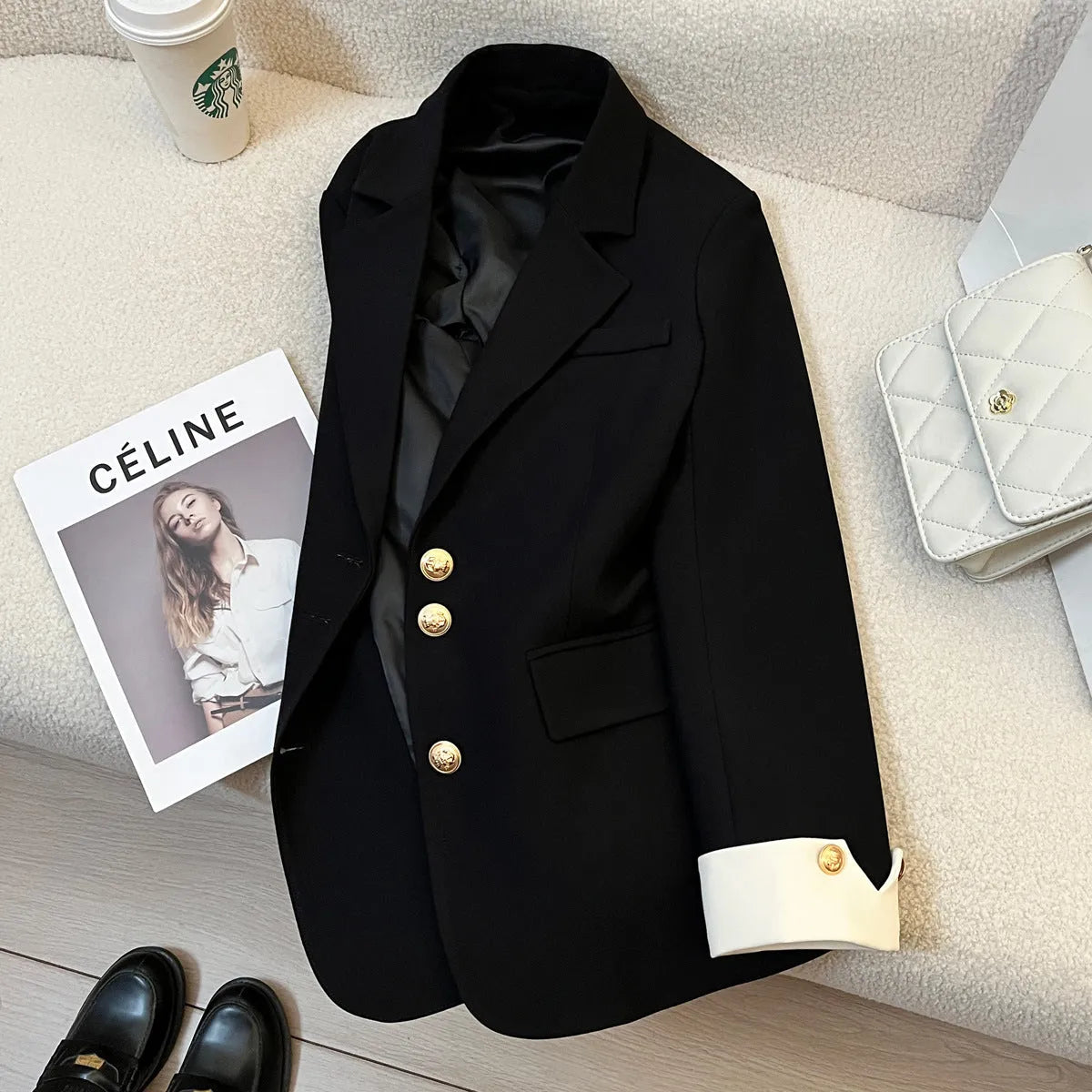 Women's Korean-style loose coat in polyester with 65cm length and commuting design