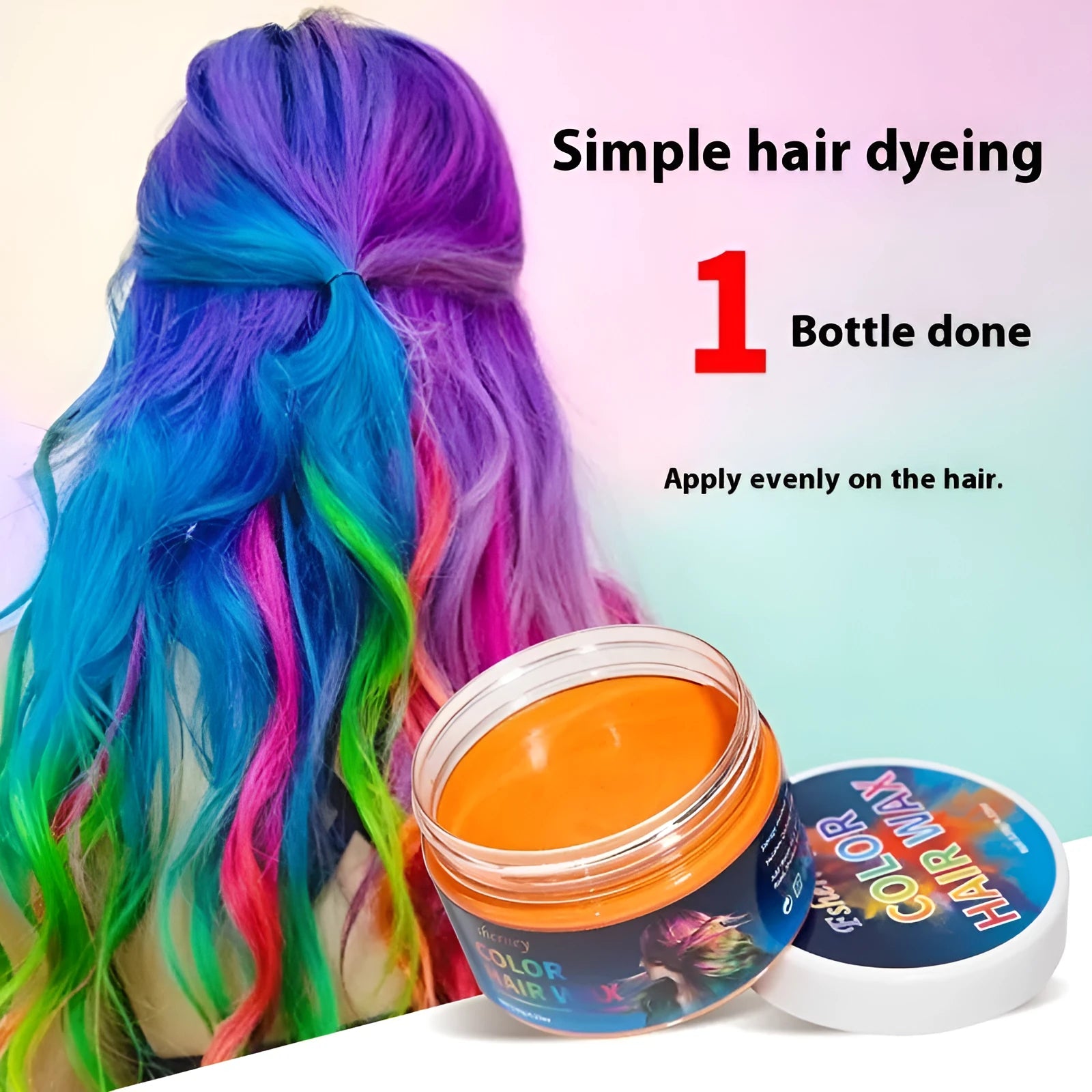Pot of 120g hair styling clay shown in one of nine available colours, including blue, green, red, and granny grey.