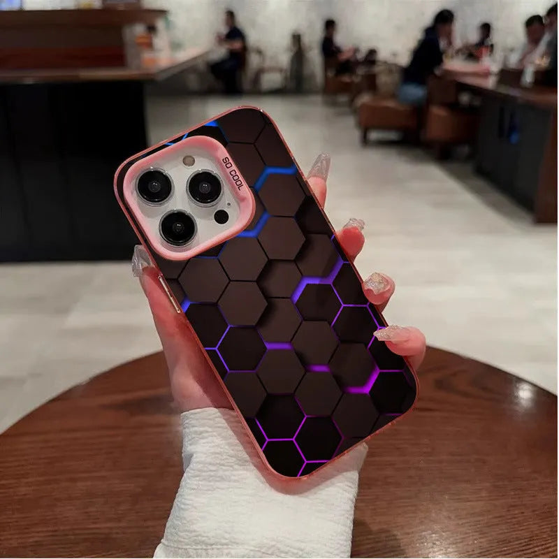 Frosted black iPhone case with a honeycomb square pattern on the back.