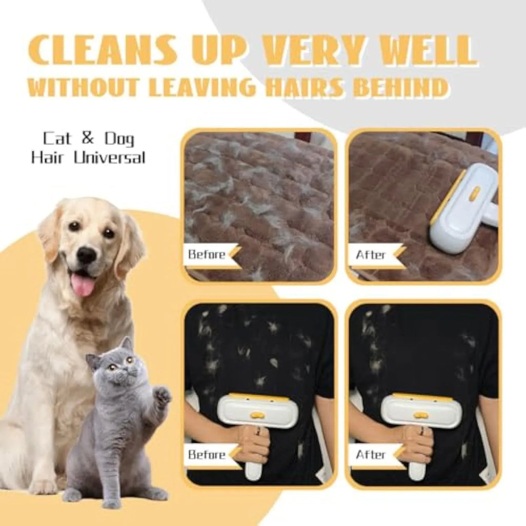 White portable pet hair remover tool with cartoon yellow duck design and polyester bristle surface