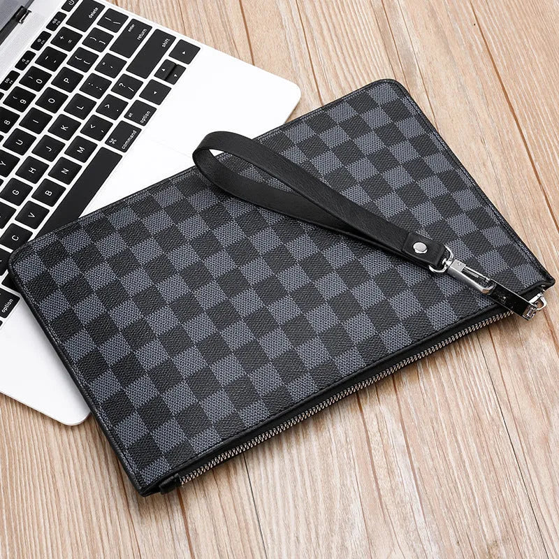 Men's black checkered PU leather clutch wallet showing six card slots and zipper pocket