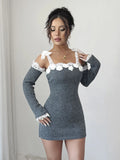 Lace off-shoulder knitted dress in gray with separated oversleeves and crochet stitching, front view
