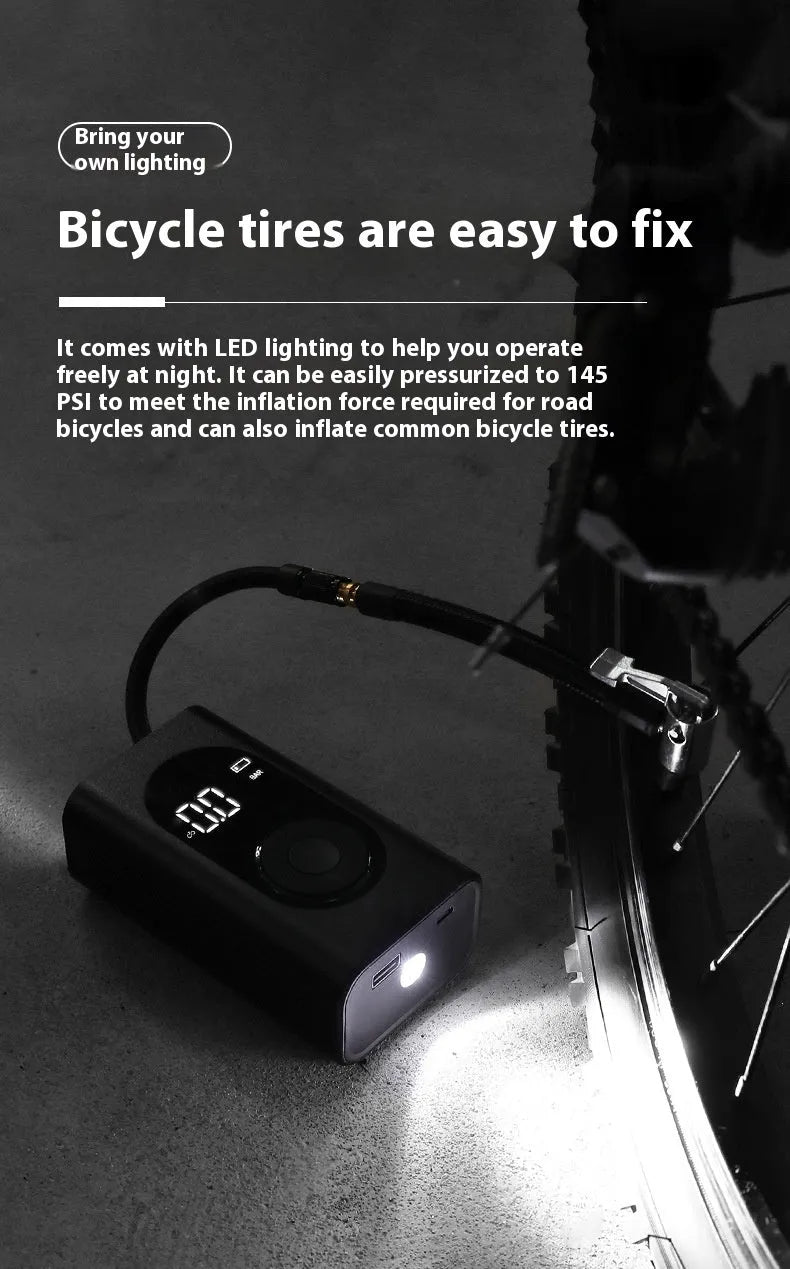 Mini wireless handheld tire inflator with ABS PC body, power bank and flashlight, 198 x 75 x 52 mm