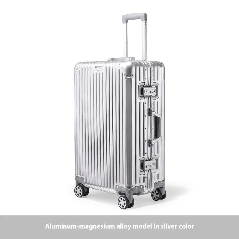 Alloy trolley case luggage in solid colour for business travel with metal construction and universal wheels