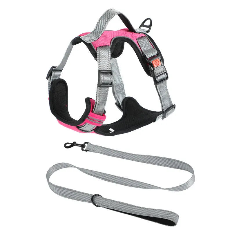 Orange adjustable dog chest strap vest harness with an integrated hand holding rope.