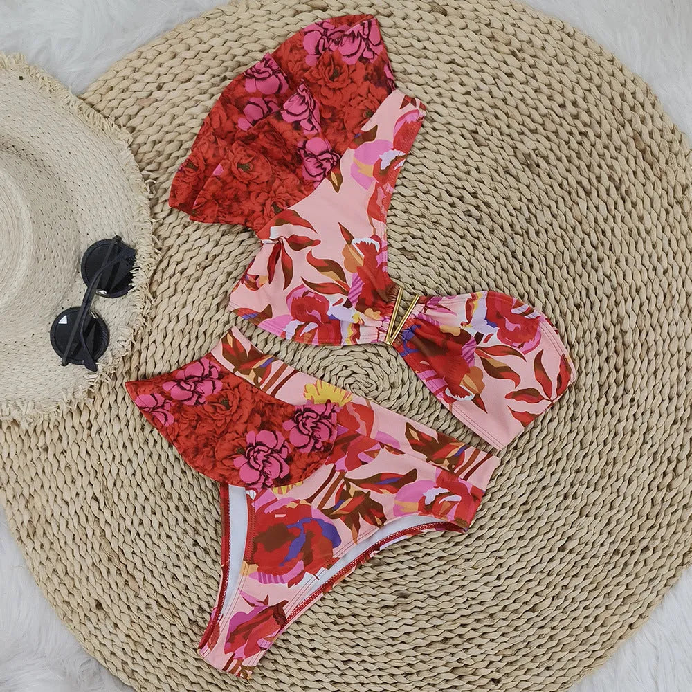 Women's pink floral print one-shoulder bikini with ruffles and high-waist briefs