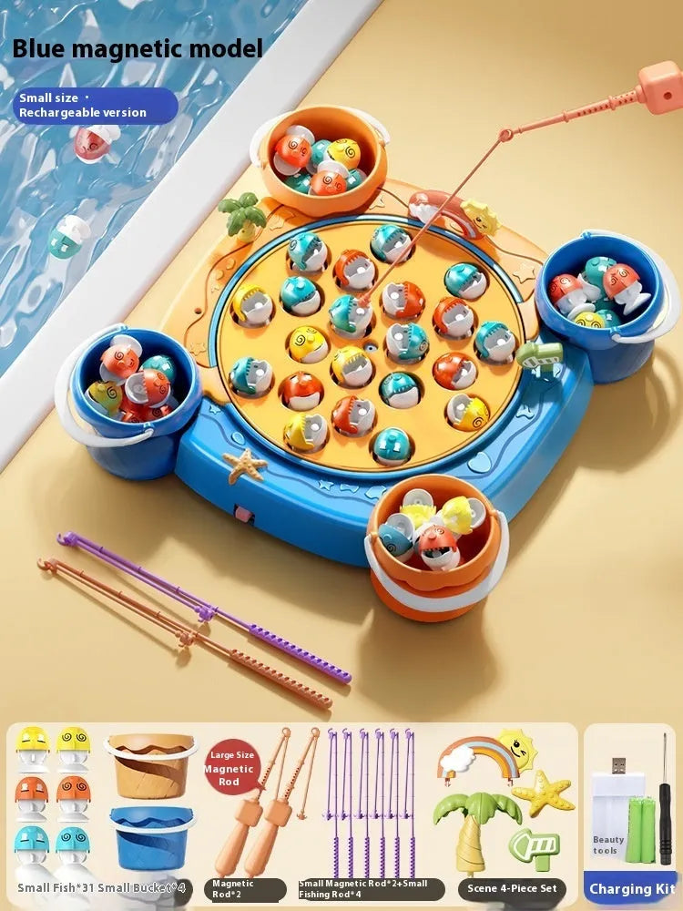 Baby educational magnetic fishing toy set with 8 poles, 4 barrels, and 31 colourful fish
