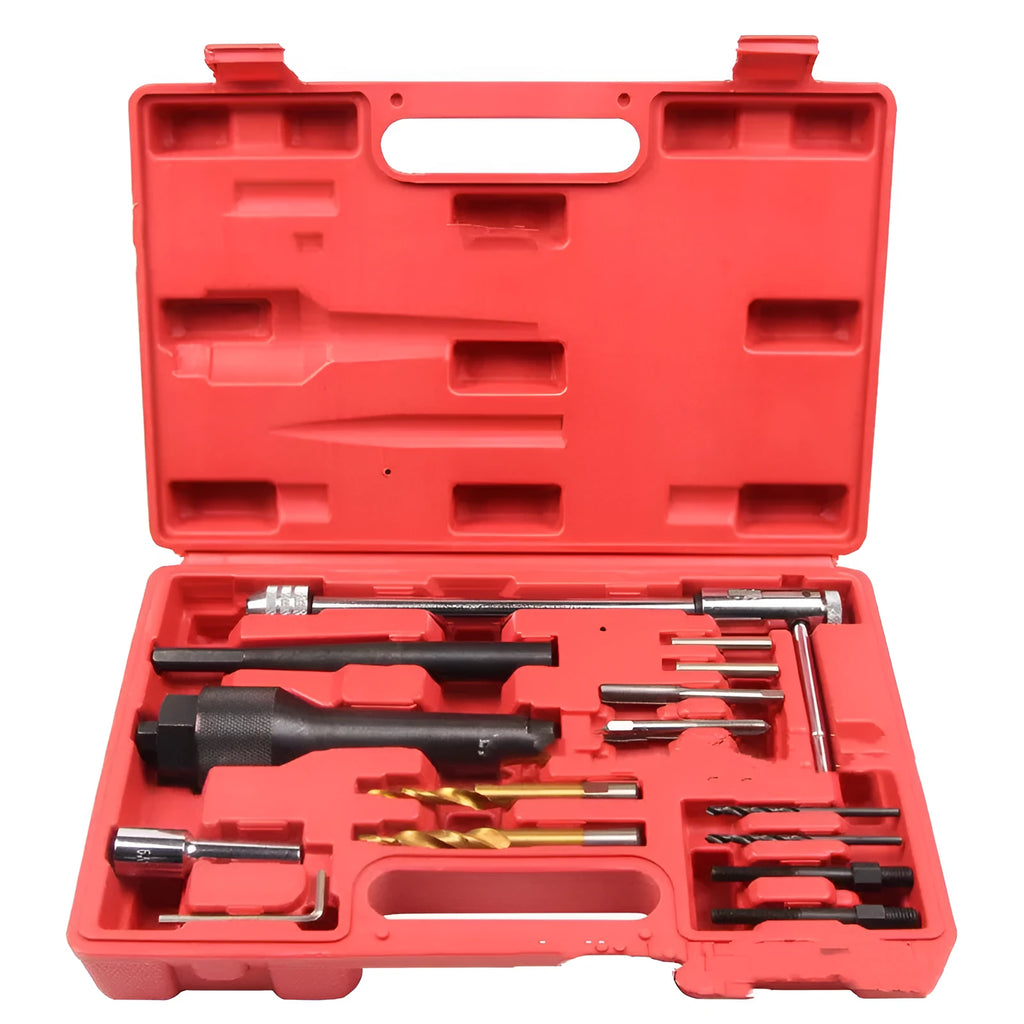 16-piece steel glow plug disassembly tool set with red tools for diesel engine repair