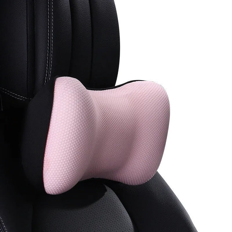 Ergonomic car headrest and lumbar support cushion with BASF memory foam in breathable starry sky net fabric on a car seat