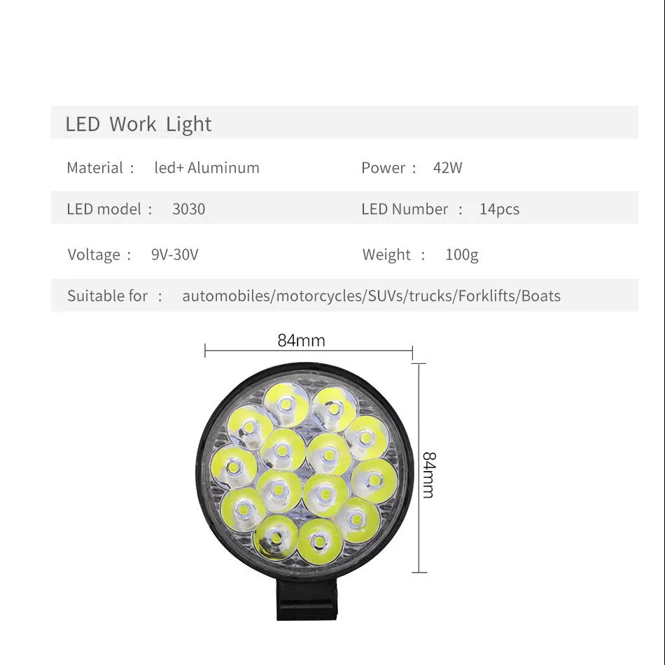 Compact round white LED work light with aluminium housing for car, truck, and off-road use.