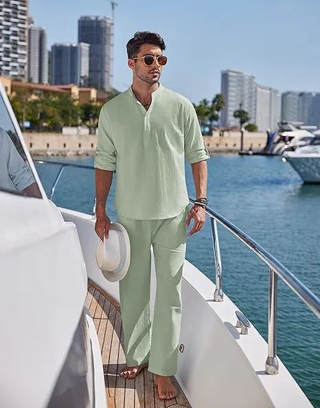 Men's cotton casual suit in solid colour with long sleeves and trousers for spring and autumn leisure wear
