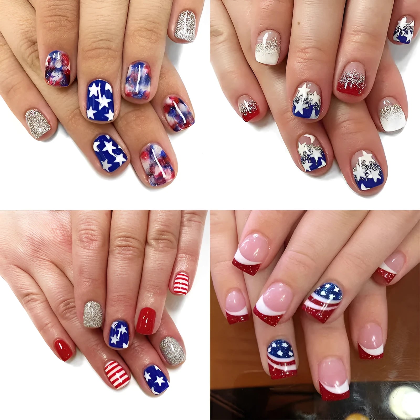 Independence Day nail art set showing three five-pointed star designs in European Square style