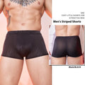 Men's thin striped underwear in black, dark gray, or white colours, showing lightweight nylon fabric.