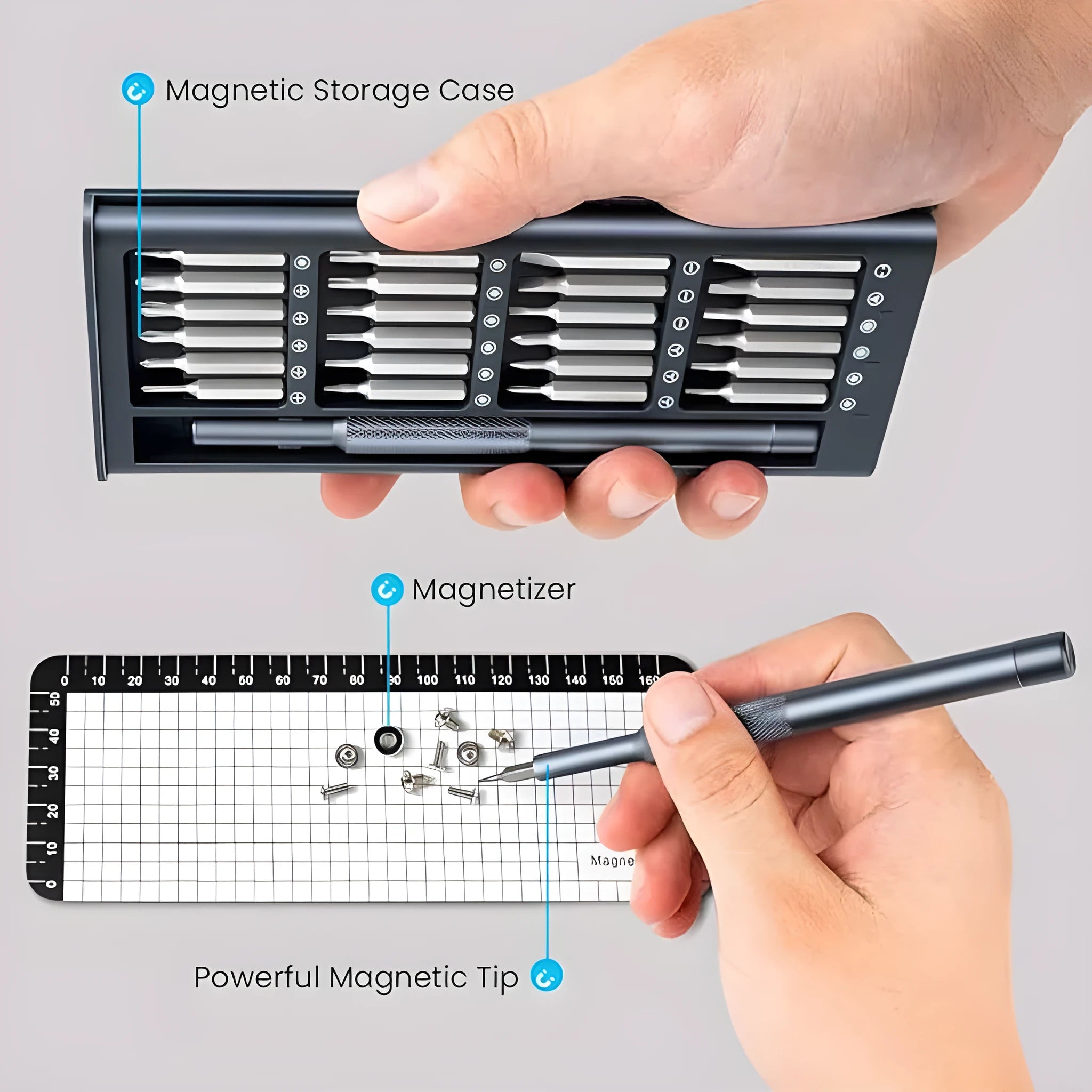 25-in-1 magnetic screwdriver set with chrome vanadium steel bits and black ABS handle.