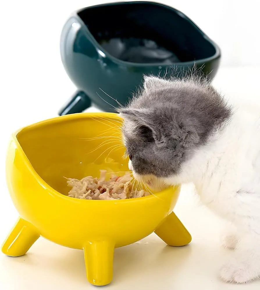 Green ceramic pet bowl with four legs and rounded splatter guard for cats and small dogs