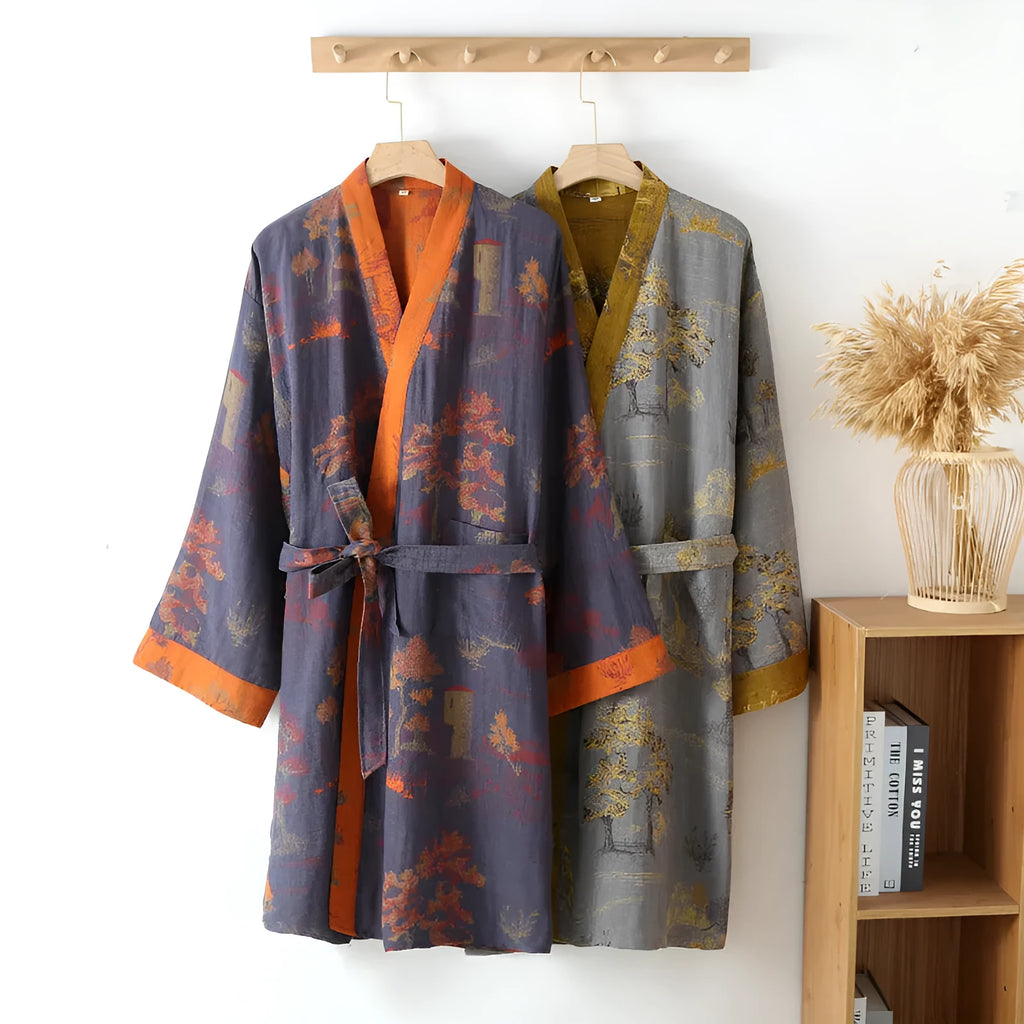 Pure cotton jacquard Chinese style belt nightgown in Gray Green for couples homewear