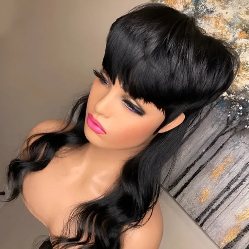 Black Brazilian long wig with bangs, made from high-temperature fibre.