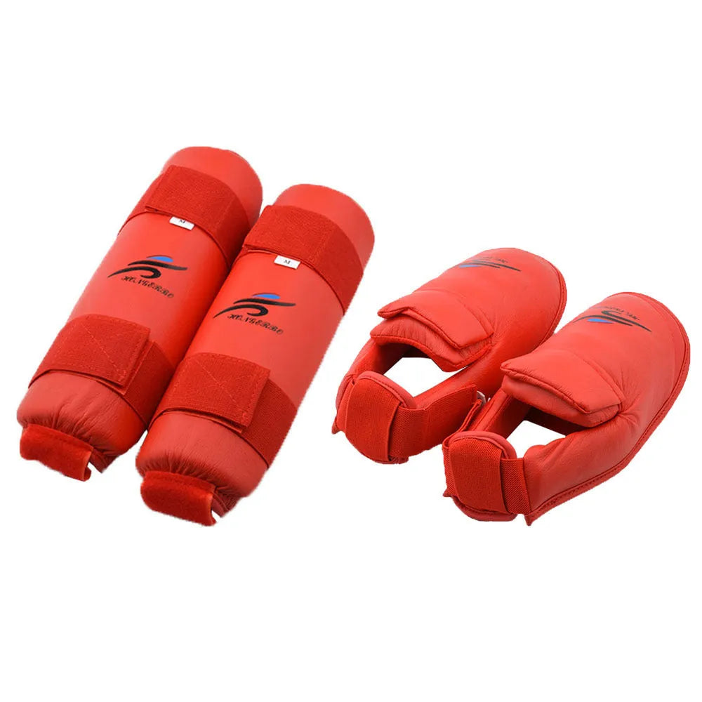 Red and blue karate protective gear set showing leg guards, helmet, and boxing gloves for martial arts training