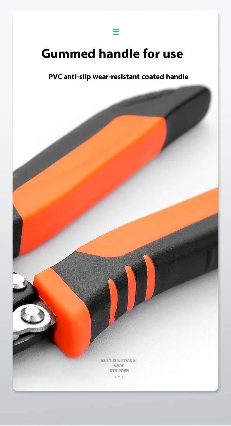 Fully automatic wire stripping pliers tool with a metal body on a white background.