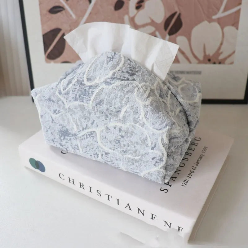 Chinese style floral cotton tissue box cover in beige, blue, or brown for living room