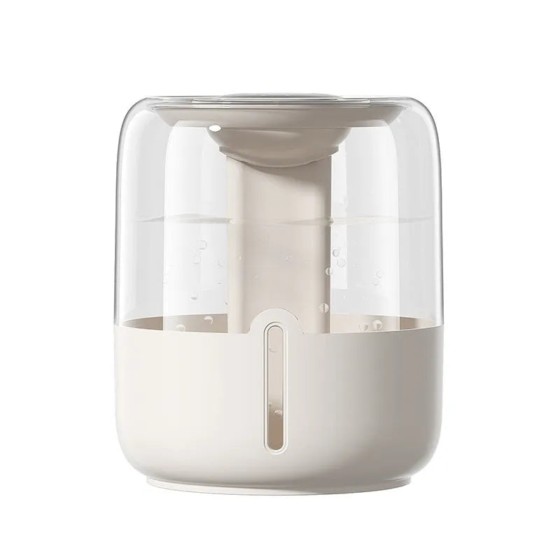 Beige round humidifier with dual spray nozzles, humidity display, and USB power cable