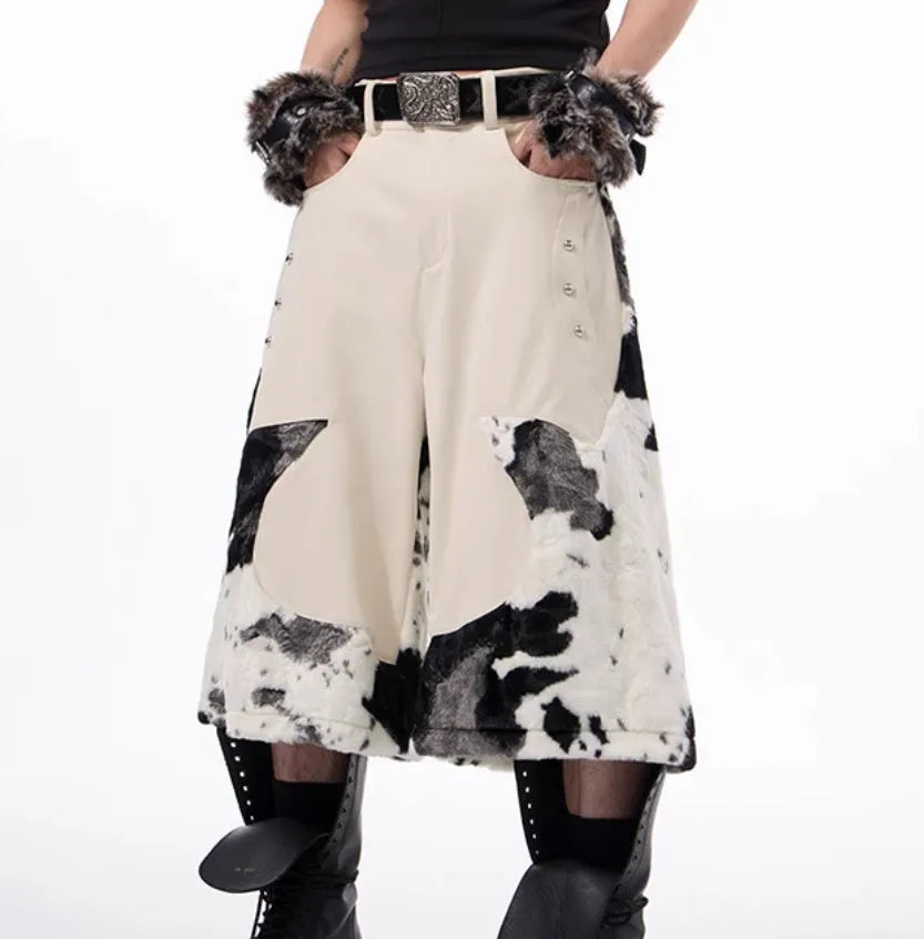 Fashionable milk fibre fur cropped trousers in a patterned design for teenagers.