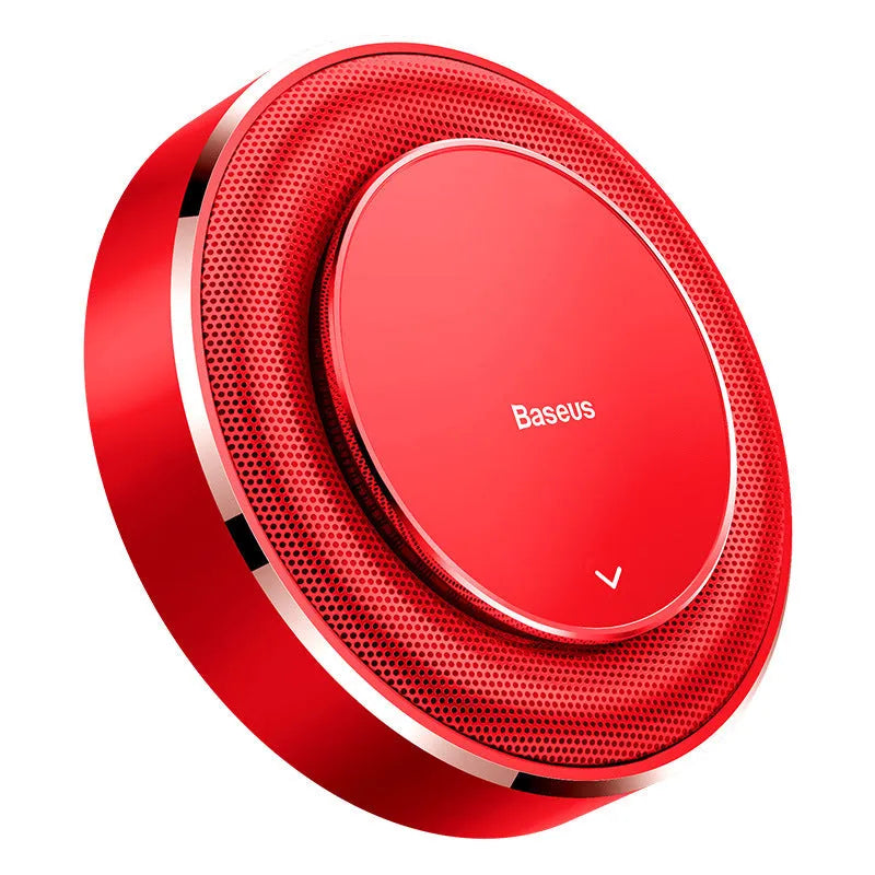 Round aluminium alloy car fragrance in black red or silver colours with seat-type placement