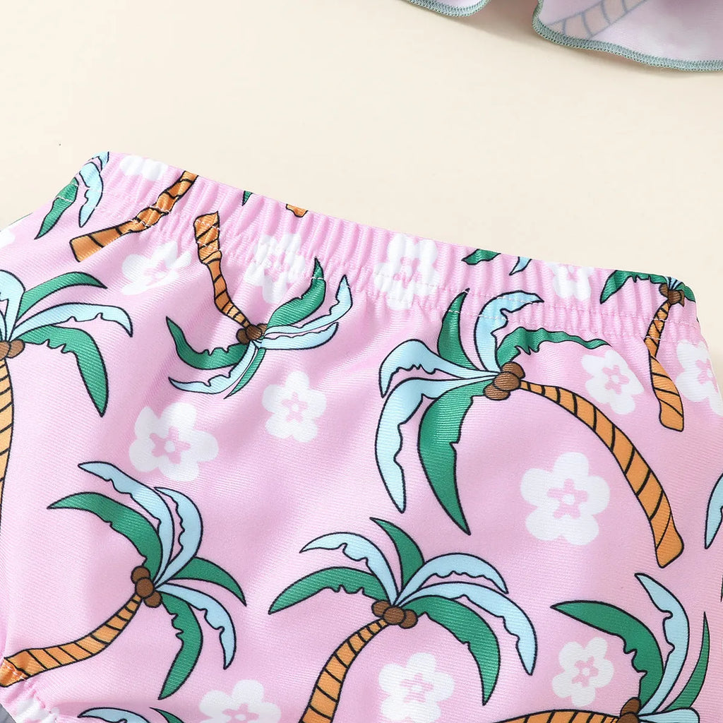 White children's sweet style swimsuit set with shirt and shorts on a hanger.