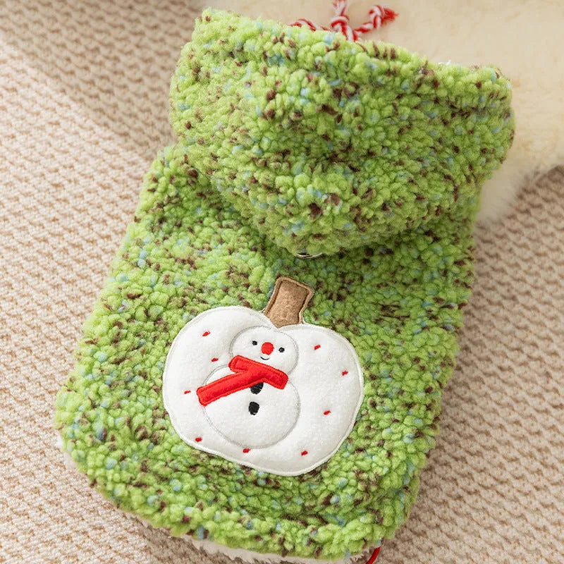 Green snowman embroidered sherpa pet hoodie for small to medium dogs