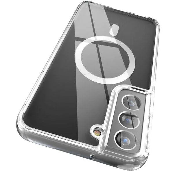 Transparent MagSafe magnetic phone case for Samsung Galaxy S21-S23 series showing magnetic charging ring