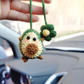 Handmade crocheted wool car pendant with rainbow flower pattern and cartoon avocado design in three colour options