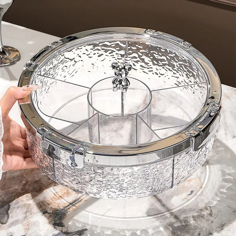 Sealed plastic candy box with lid for dried fruit and nuts, shown in milk silver or transparent grey silver