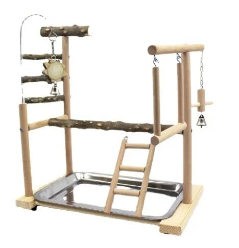 Large wooden parrot activity stand made from pepper wood with multiple vertical climbing poles.