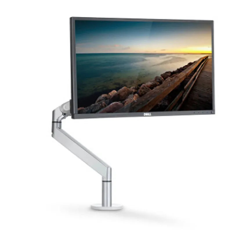 Black aluminium laptop stand with adjustable arm bracket raised above a desk.