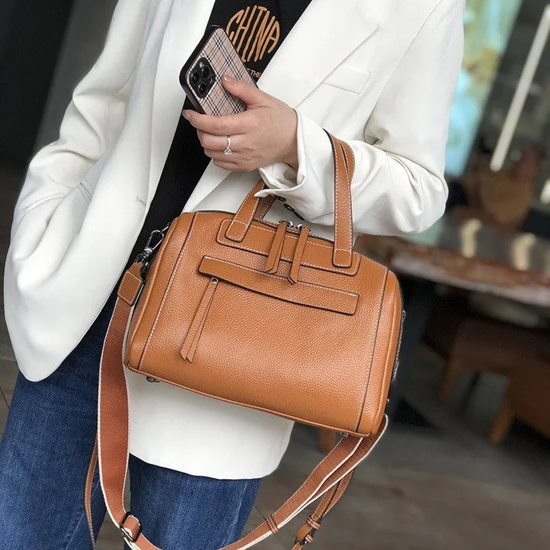 Genuine leather Boston lychee pattern shoulder messenger bag in horizontal square shape with soft handle