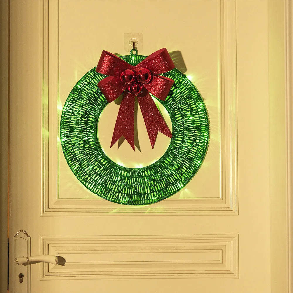 50cm handmade Christmas garland with bowknot, 140 LED warm lights, gold or green, for door or wall