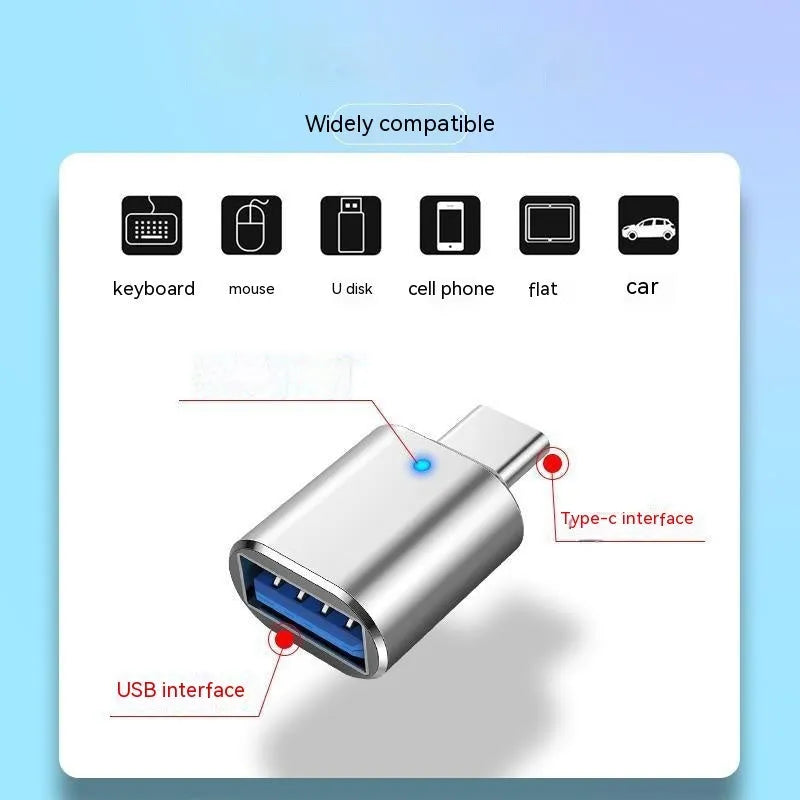 Type-C to USB 3.0 OTG adapter with indicator light showing connected to a phone and a mouse
