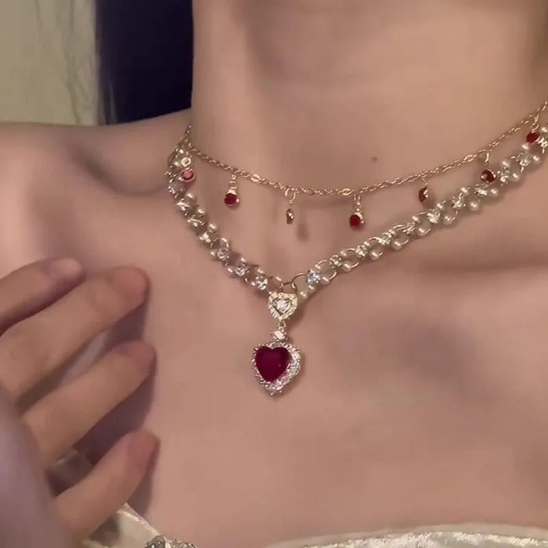 Red Love Pearl double layer twin necklace with heart pendant and electroplated alloy chain