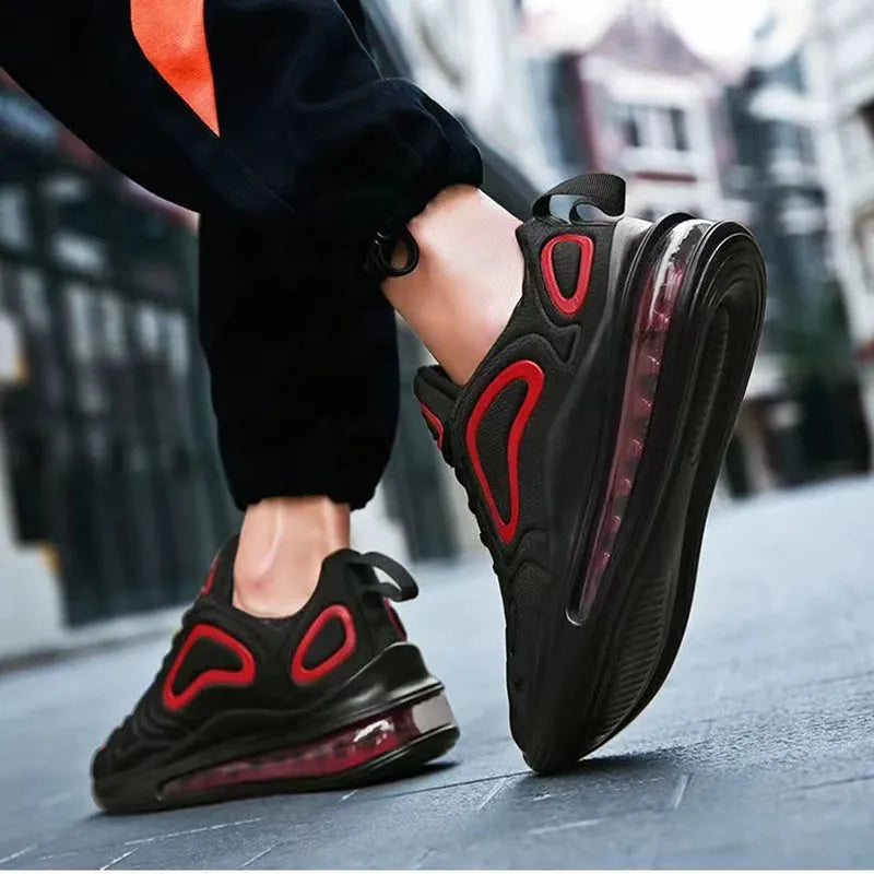 Men's black casual lace-up sneakers with round toe and thick sole design