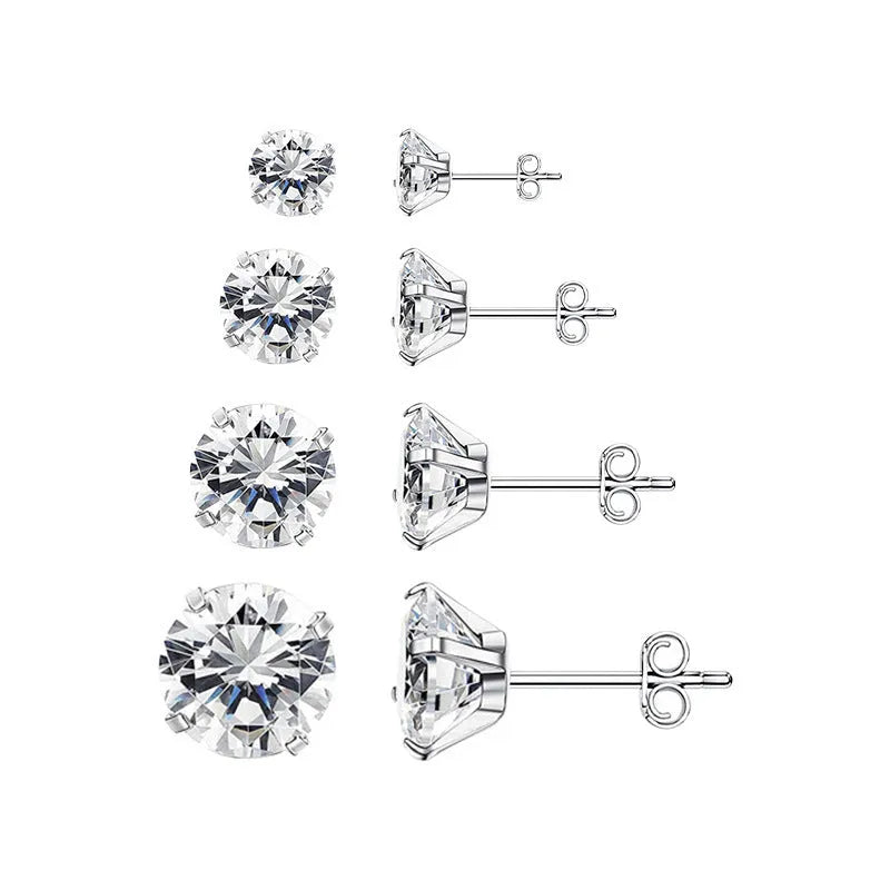 Titanium steel geometric stud earrings with square and round zircon stones in gold and steel colour finishes