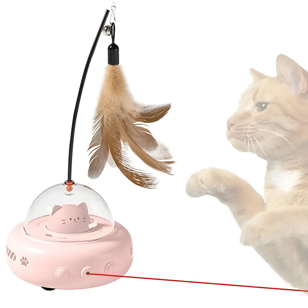 Pink or white rechargeable electric cat toy with feather teaser wand, 360 red light beam, ABS body, 11.5x11x28cm