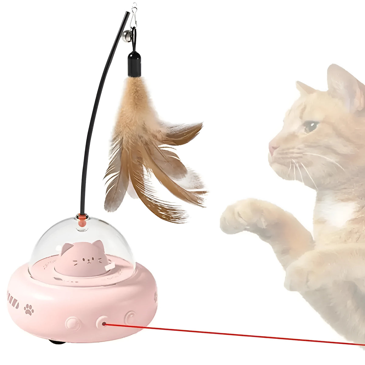 Pink or white rechargeable electric cat toy with feather teaser wand, 360 red light beam, ABS body, 11.5x11x28cm