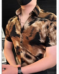Men's coffee colour short sleeve button-down shirt with all-over tiger stripes print, shown in sizes S to 2XL