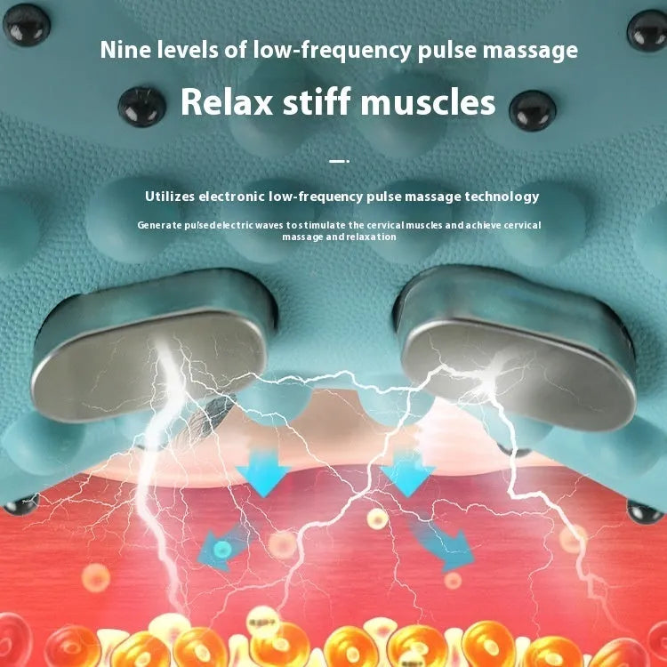 Blue-green cervical massage pillow with EMS pulse and hot compress functions